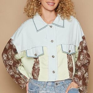 POL Women's Button Down Shirt Jacket- Light Blue, Green, Brown, Cream